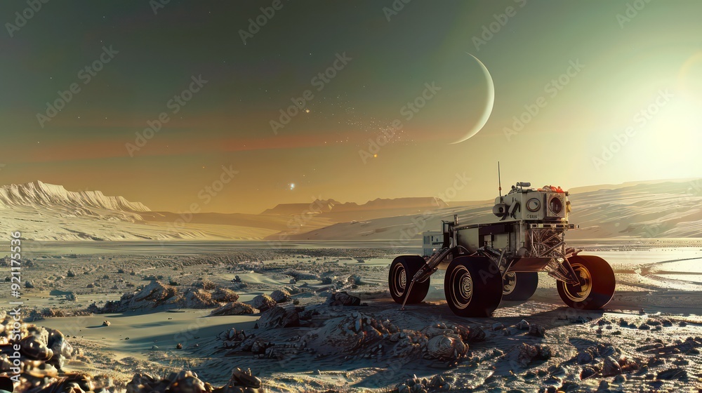 Fototapeta premium Mars Rover on a Snowy Alien Landscape