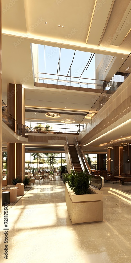 Fototapeta premium Modern Lobby Interior Design with Escalator and Skylight