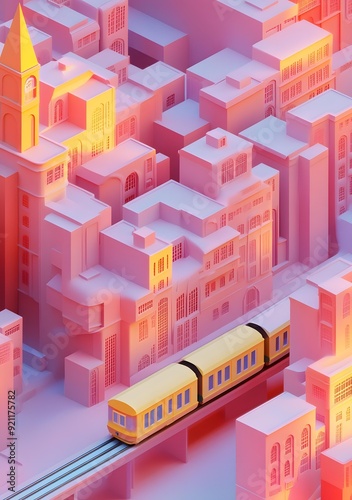 Abstract Cityscape with Train in Pink