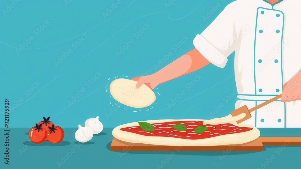 Naklejka premium Pizzeria, chef tossing pizza dough, flat design illustration