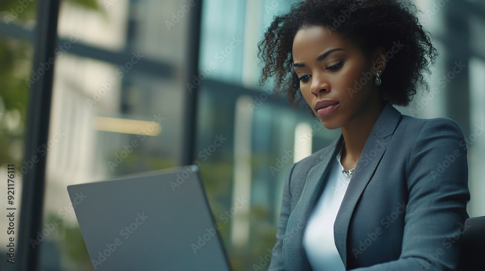 Focused Determination: A young Black businesswoman intently works on her laptop, embodying ambition and focus in the corporate world. Focused Determination: A young Black businesswoman intently works on her laptop, embodying ambition and focus in the corporate world.