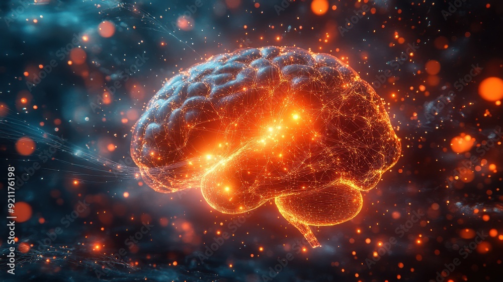 Naklejka premium A vibrant, glowing brain with intricate neural networks, representing the fusion of technology and cognitive processes.