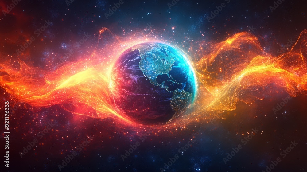 A stylized image of Earth encircled by dynamic red and yellow energy waves against a starry cosmic background.
A stylized image of Earth encircled by dynamic red and yellow energy waves against a starry cosmic background.