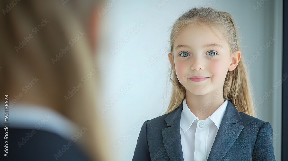 Little Leader: A confident young girl in a navy blue suit, with a white collared shirt, stares directly at the camera with a determined smile, conveying a sense of leadership and self-assurance. Little Leader: A confident young girl in a navy blue suit, with a white collared shirt, stares directly at the camera with a determined smile, conveying a sense of leadership and self-assurance.