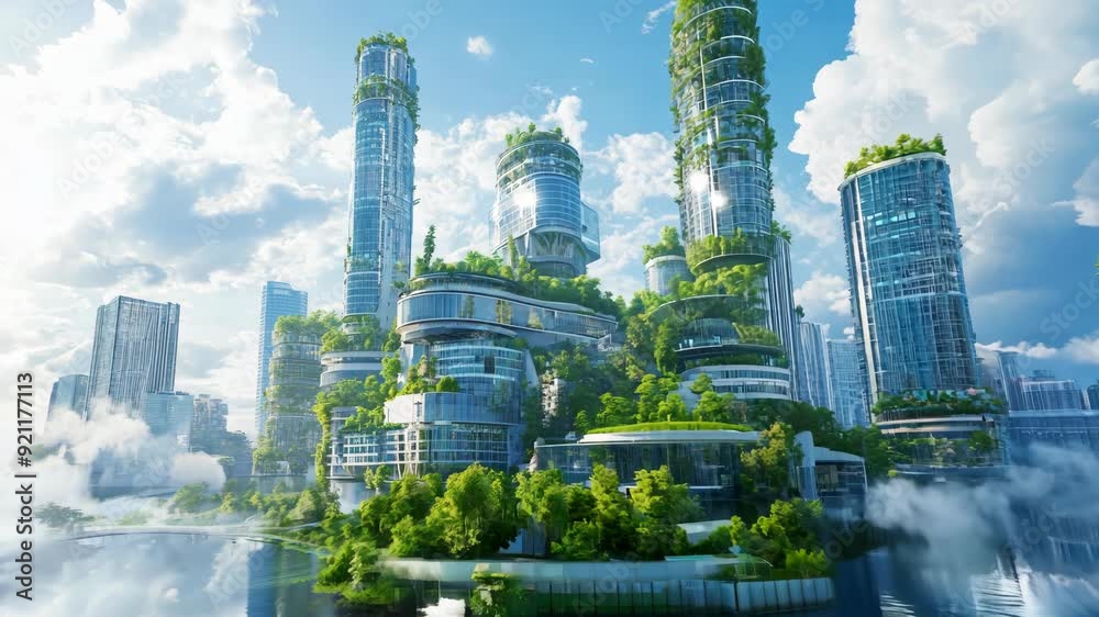 Future eco-friendly city. Sustainable architecture concept. Futuristic metropolis balancing nature and development. Biophilic design and green technology. Urban sustainability