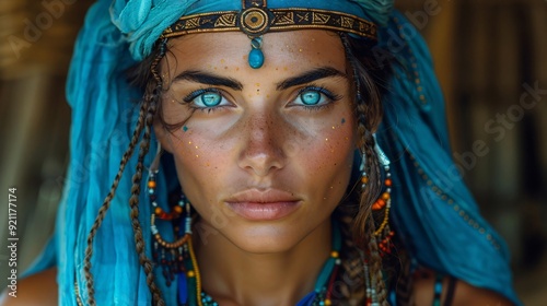 A striking portrait of a woman in bright tribal attire, featuring intricate accessories and piercing blue eyes, having a bold expression.