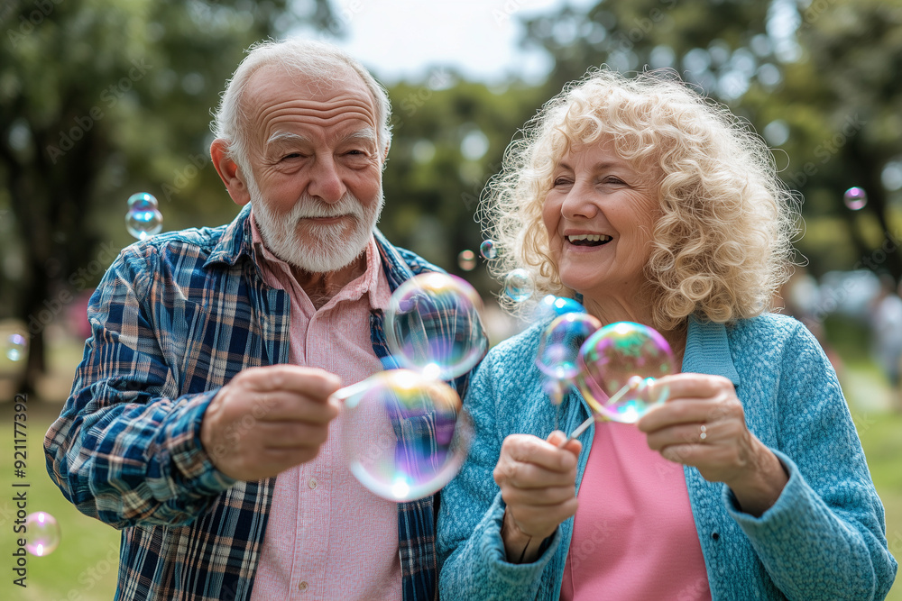 Fototapeta premium Elderly couple playing with soap bubbles while never getting old, joyful aging concept.