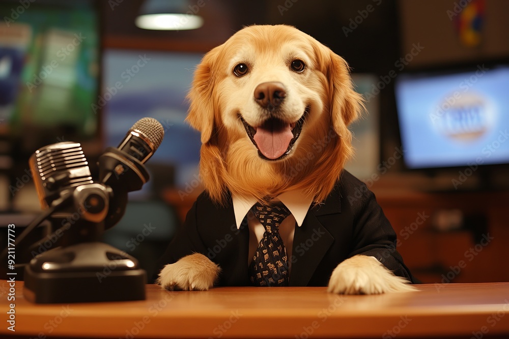 Golden Retriever News Anchor in Suit