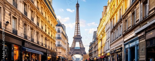 A bustling street in Paris with the Eiffel Tower visible in the background photo