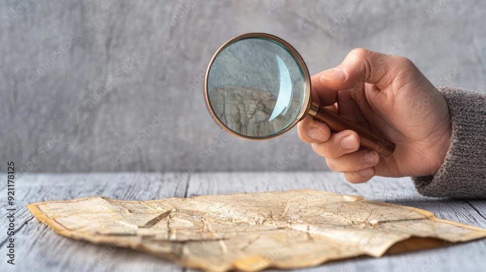 A close-up of a hand holding a magnifying glass, examining an old book A close-up of a hand holding a magnifying glass, examining an old book