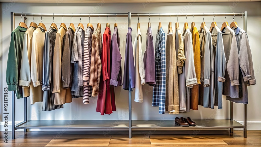 Collection of clothes hanging on rack in dressing room, clothing, fashion, wardrobe, outfits, boutique, dressing room