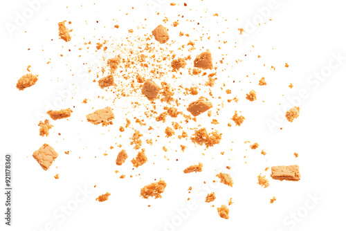 Pile cake crumbs, cookie pieces flying isolated on white   on transparent background photo