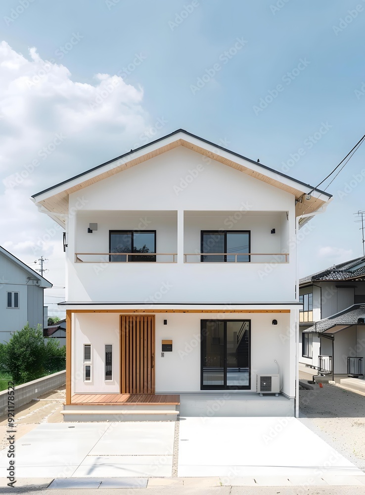 Modern Two Story White House with Wooden Details Modern Two Story White House with Wooden Details