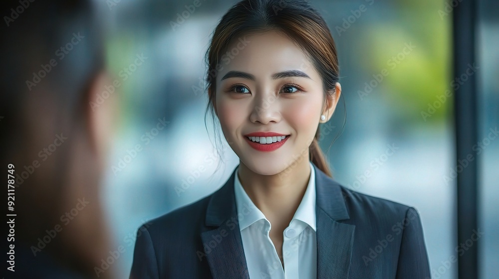 Confident Businesswoman: A close-up portrait of a smiling Asian businesswoman, showcasing her professionalism and confidence in a modern office environment. The focus on her facial expression and post Confident Businesswoman: A close-up portrait of a smiling Asian businesswoman, showcasing her professionalism and confidence in a modern office environment. The focus on her facial expression and post