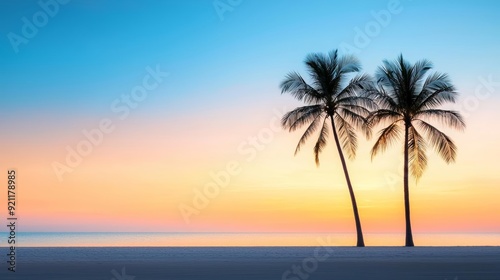 A serene beach at sunset, with palm trees silhouetted against the sky