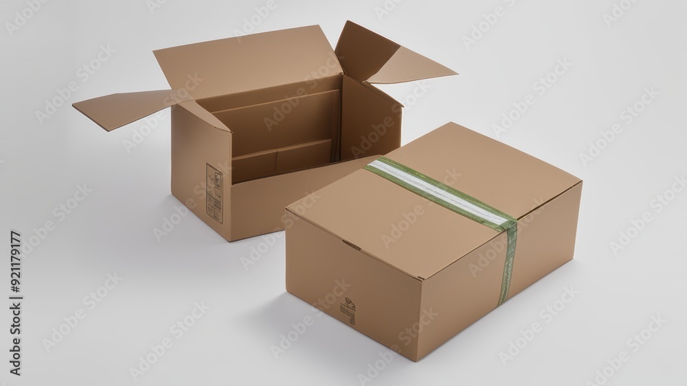 Three cardboard boxes on a flat surface one open with an empty interior two closed with labels visible. Three cardboard boxes on a flat surface one open with an empty interior two closed with labels visible.