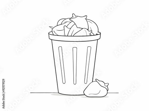 continuous single line drawing of trash can overflowing with trash bags, line art vector illustration
