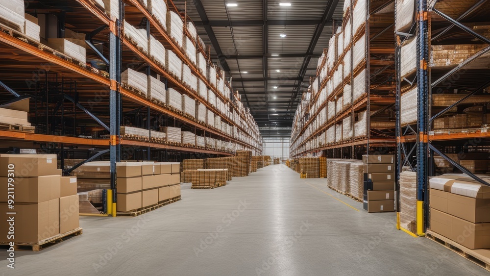 Industrial warehouse interior with shelving units and boxes well-lit by artificial lighting. Industrial warehouse interior with shelving units and boxes well-lit by artificial lighting.
