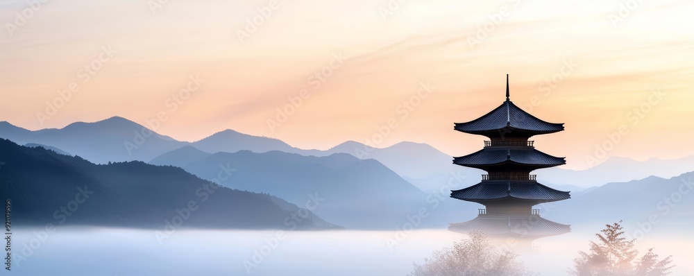 A serene image of a pagoda in the mountains, with mist swirling around it A serene image of a pagoda in the mountains, with mist swirling around it