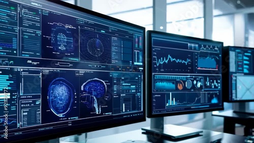 Multiple monitors displaying advanced medical diagnostics. Medical research and science concept. Medicine and healthcare of the future. Medical data analyzing, brain activity visualization