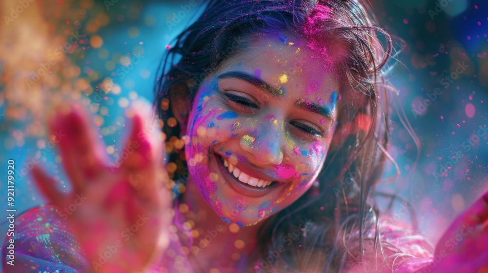 A woman is wearing colorful makeup and is smiling A woman is wearing colorful makeup and is smiling