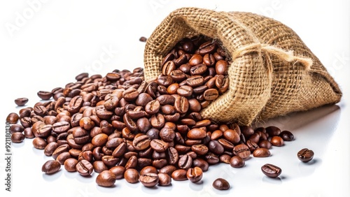 Heap of Aromatic Coffee Beans Flowing from Burlap Sack onto White Background