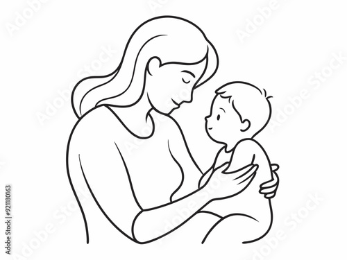 continuous single line drawing of mother caressing baby, line art vector illustration

