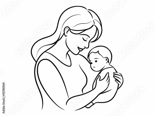 continuous single line drawing of mother caressing baby, line art vector illustration
