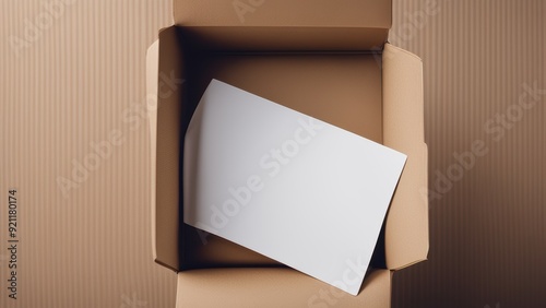 Open cardboard box containing flat rectangular piece of paper or parchment. photo