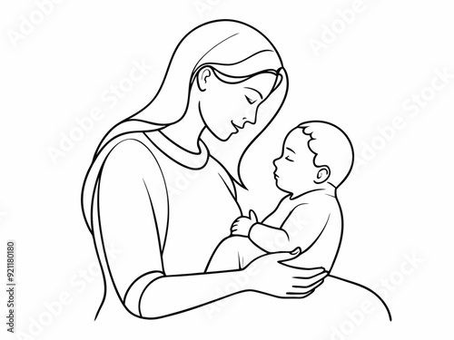continuous single line drawing of mother caressing baby, line art vector illustration
