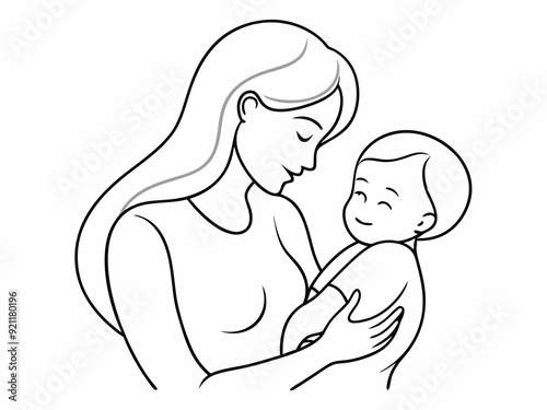 continuous single line drawing of mother caressing baby, line art vector illustration
