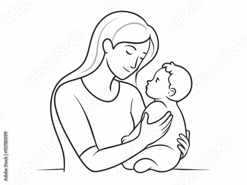continuous single line drawing of mother caressing baby, line art vector illustration
