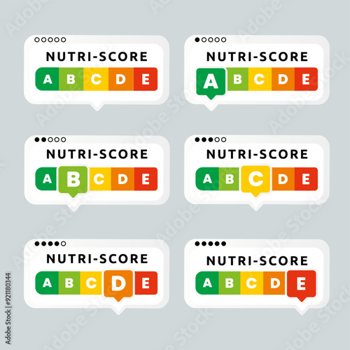 Nutri grade food score emblem sign label horizontal landscape infographic 5-colour nutrition indicator from green (grade A) to red (Grade E) design for packaging food and drink product. Vector