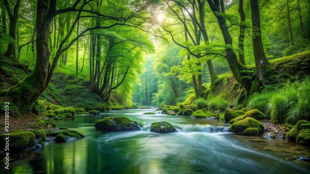 Lush green stream flowing through a peaceful forest setting, nature, flowing water, serene, peaceful, tranquil, trees Lush green stream flowing through a peaceful forest setting, nature, flowing water, serene, peaceful, tranquil, trees