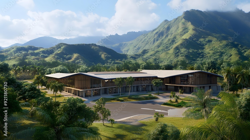 Naklejka premium Modern Building Design Surrounded by Lush Green Mountains