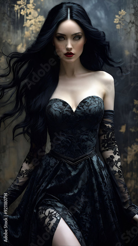 portrait of a woman in black dress
model in black outfit and black hair
girl with black hair