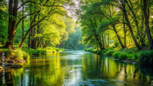 River flowing peacefully through a lush forest landscape, river, forest, nature, water, trees, greenery, tranquil, serene