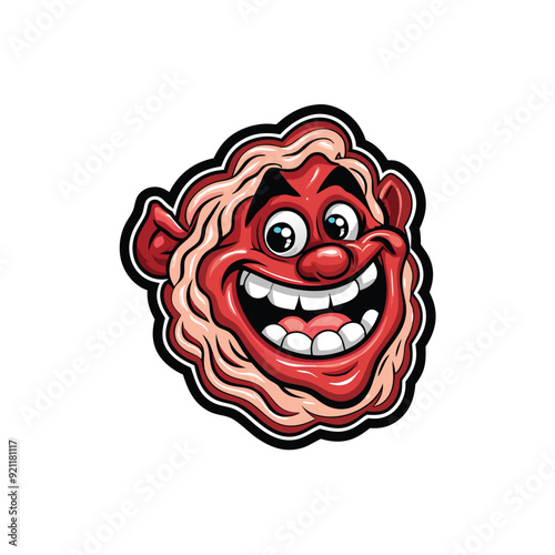 Cartoon illustration of a red meat monster with a big toothy grin.