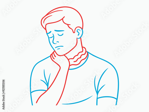 continuous single line drawing of man with neck pain, line art vector illustration

