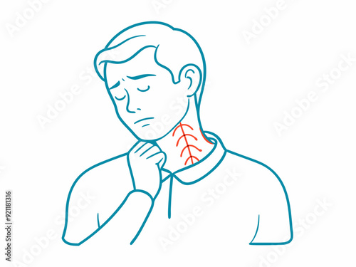 continuous single line drawing of man with neck pain, line art vector illustration
