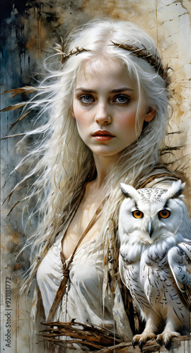 portrait of the girl
portrait of a girl with owl
white owl with white girl