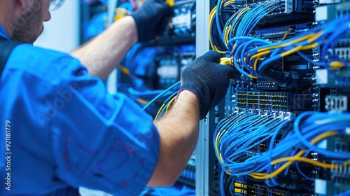 Technician repairing fiber optic cables in a data center, telecommunications, network maintenance
