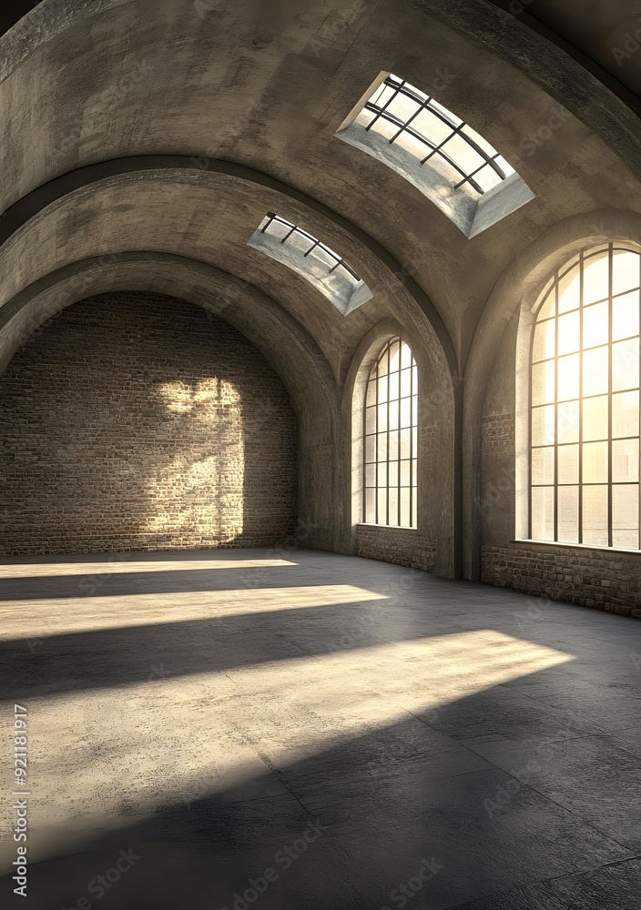 Industrial Building Interior With Brick Wall And Large Windows
