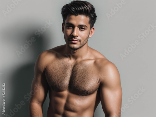A Puerto Rican man with a beard and a shaved chest stands in front of a wall