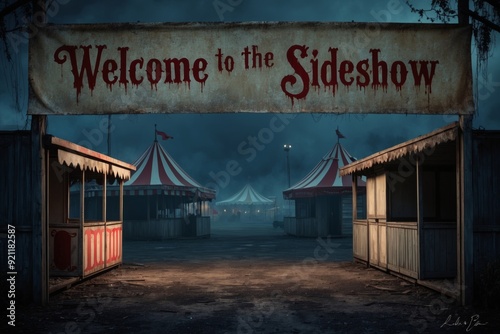Entrance to the eerie sideshow at a deserted carnival during twilight