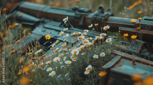 A battlefield with flowers growing through the cracks of abandoned weapons, peace war conflict resolution, nature reclaiming peace photo