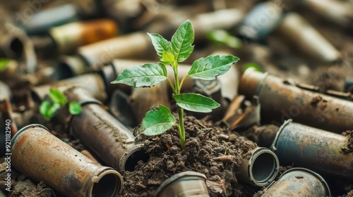 A garden growing out of a pile of broken weapons, peace war conflict resolution, nurturing peace from destruction