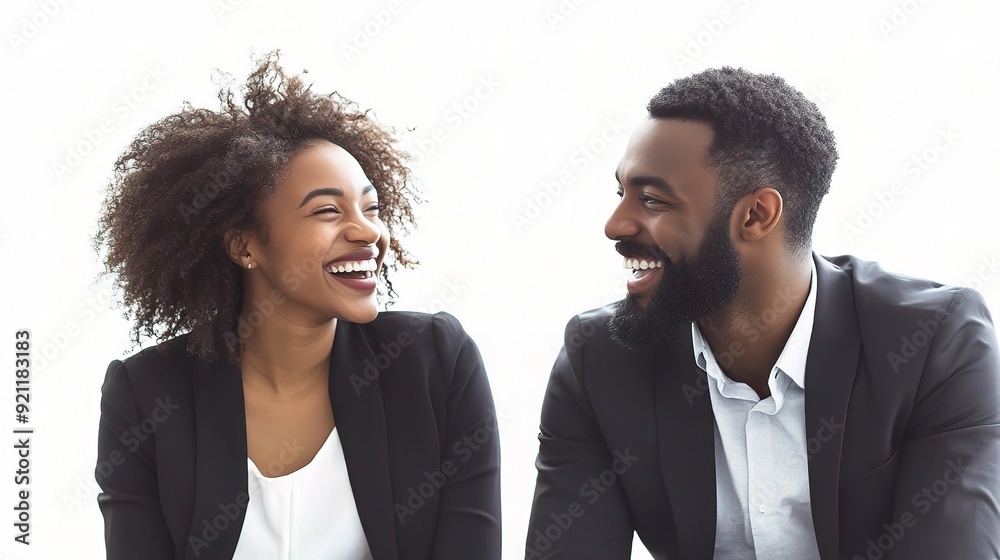 Shared Laughter, Shared Success: Two young, stylish professionals share a moment of genuine laughter and camaraderie, radiating positivity and success in their sleek attire.