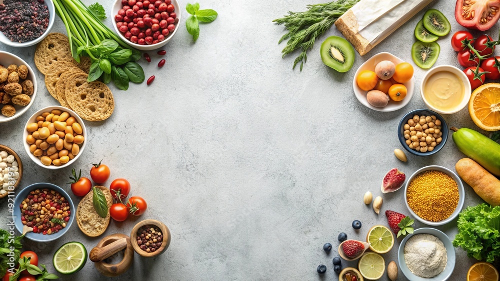 Minimalist flat lay with arranged food items on clean background under perfect lighting, minimalist Minimalist flat lay with arranged food items on clean background under perfect lighting, minimalist