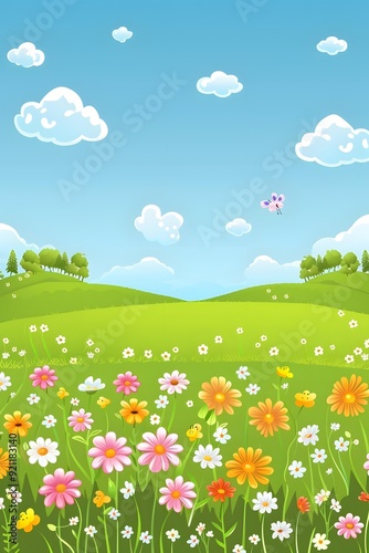 Beautiful Spring Meadow with Flowers and Butterfly